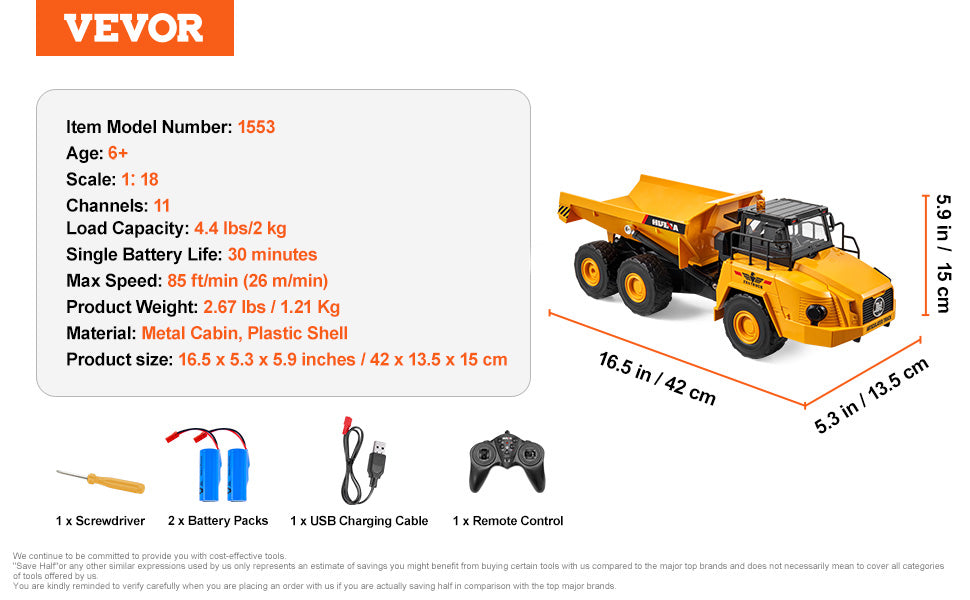 Camion Benne Télécommandé RC 1:18 – 11 Canaux – Véhicule Construction avec Lumières