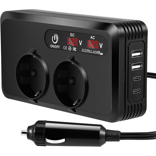 Convertisseur Voiture 12V vers 220V 200W – Adaptateur Allume-Cigare avec Double Prise Secteur AC et Ports USB – Transformateur Onduleur Automobile Compact