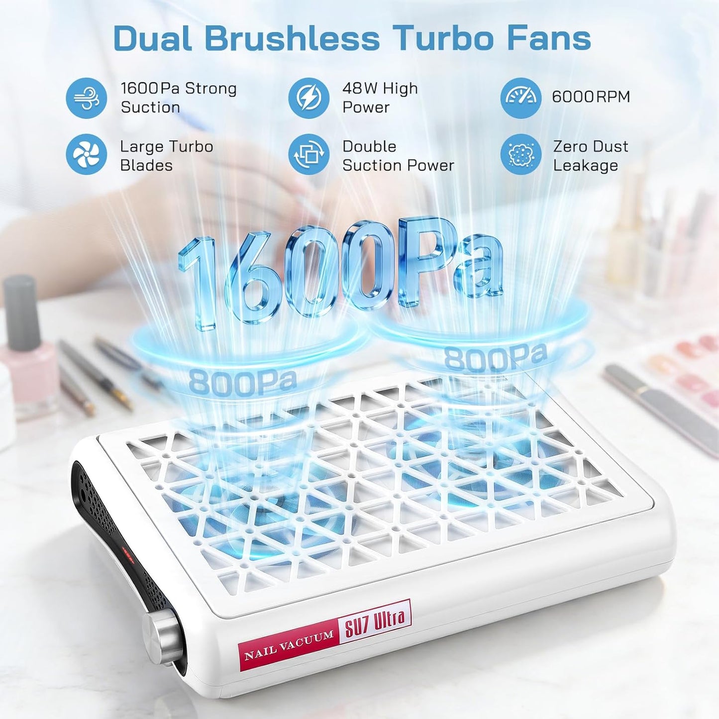 Aspirateur Ongles Électrique 1600Pa – Extracteur Poussière Double Ventilateur 6000 tr/min – Manucure Salon