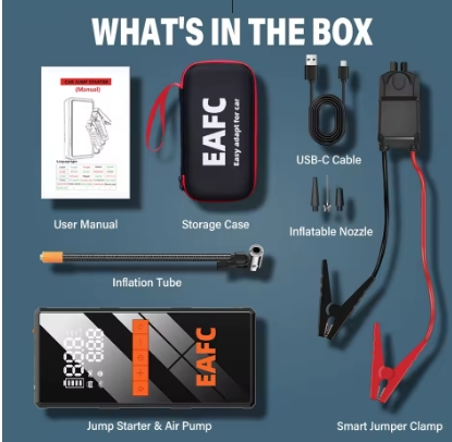 Démarreur de voiture portable 12V 4-en-1 avec compresseur d’air sans fil – Booster batterie auto, gonfleur pneus, charge rapide USB