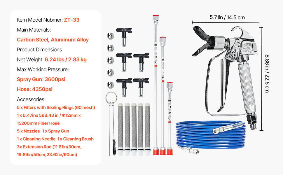Kit Pistolet de Pulvérisation Sans Air 3600 PSI – Tuyau Haute Pression avec Joint Pivotant – Peinture Airless