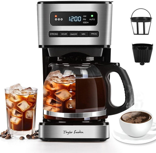 Cafetière Électrique 1,8L Programmable 24H – Machine à Café 12-15 Tasses avec Filtre Amovible, Maintien au Chaud, Écran LED