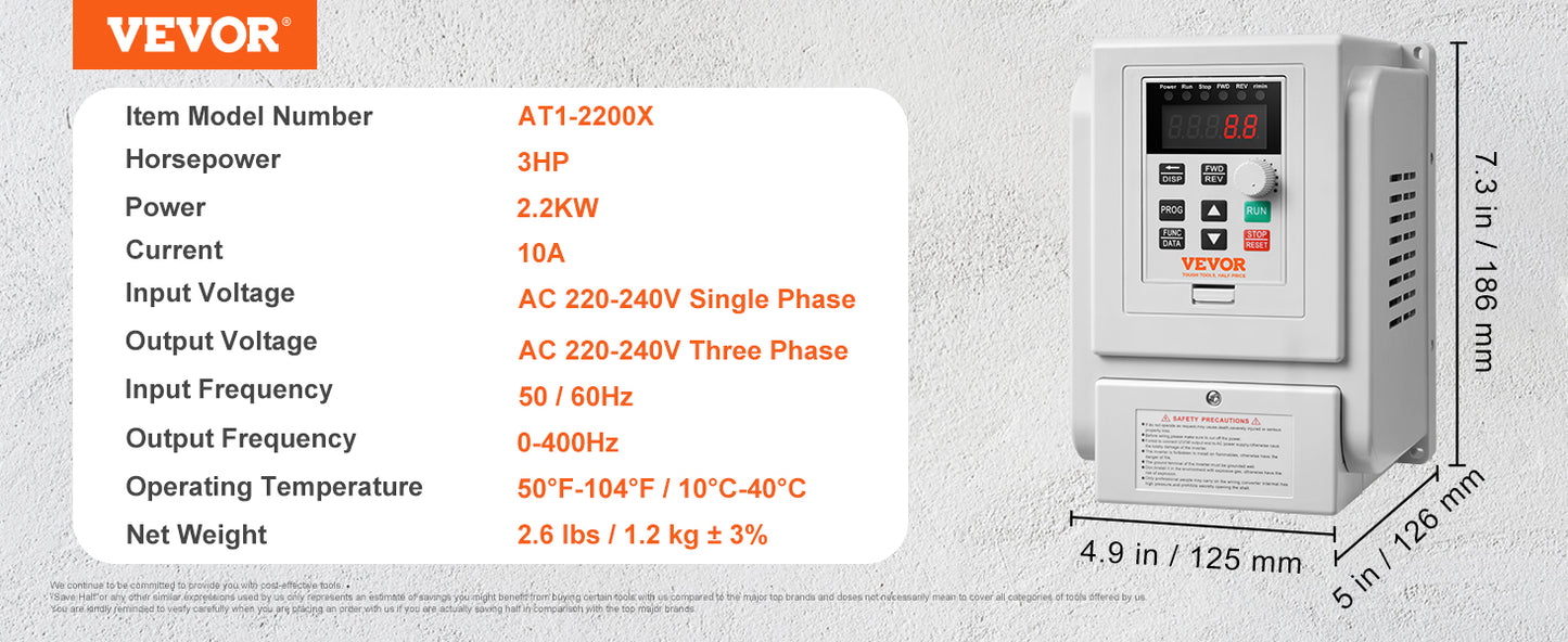 Variateur de Fréquence 2.2KW 220V – Convertisseur VFD Triphasé, Contrôleur de Vitesse Moteur CNC, Pompe, Ventilateur