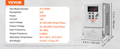 Variateur de Fréquence 2.2KW 220V – Convertisseur VFD Triphasé, Contrôleur de Vitesse Moteur CNC, Pompe, Ventilateur