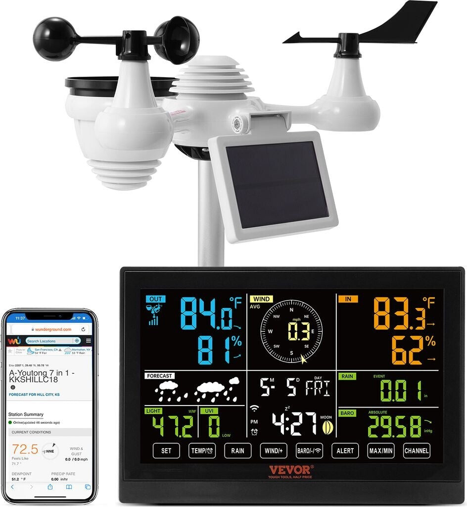 Station météo WiFi 7 en 1 avec écran couleur, capteur extérieur solaire, mesure température, humidité, vent, pluie, application mobile, station météo numérique intérieure/extérieure