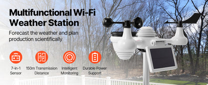 Station météo WiFi 7 en 1 avec écran couleur, capteur extérieur solaire, mesure température, humidité, vent, pluie, application mobile, station météo numérique intérieure/extérieure