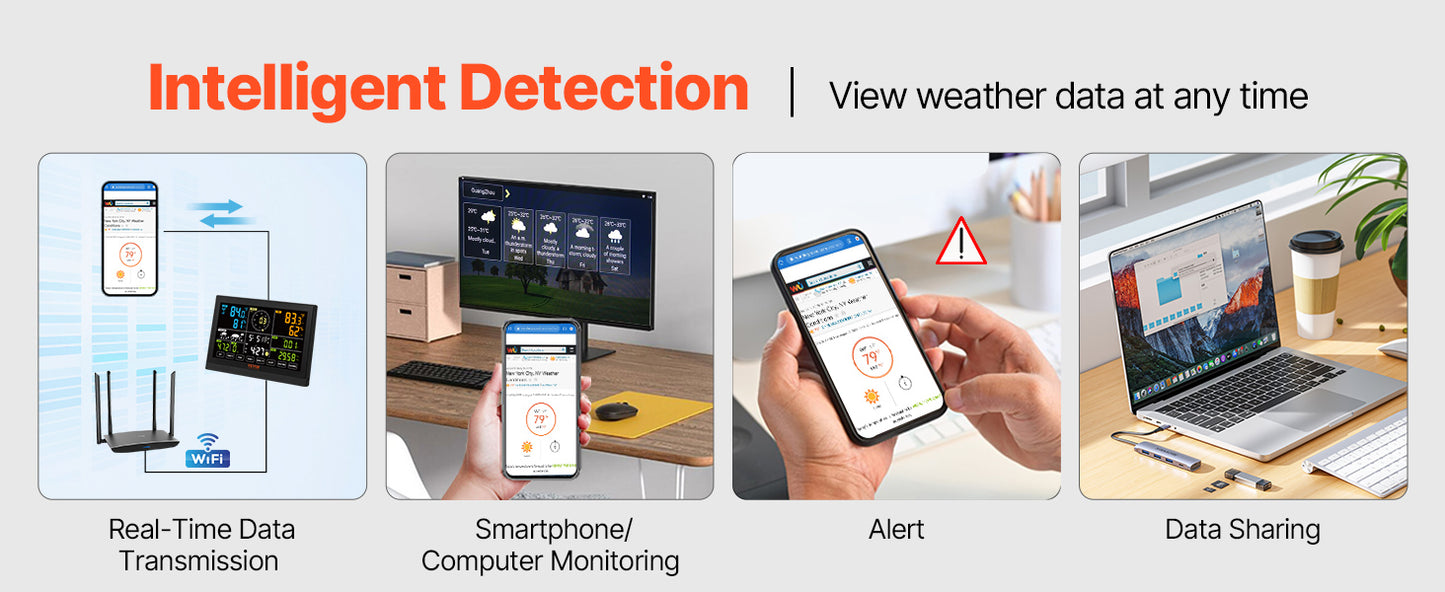 Station météo WiFi 7 en 1 avec écran couleur, capteur extérieur solaire, mesure température, humidité, vent, pluie, application mobile, station météo numérique intérieure/extérieure