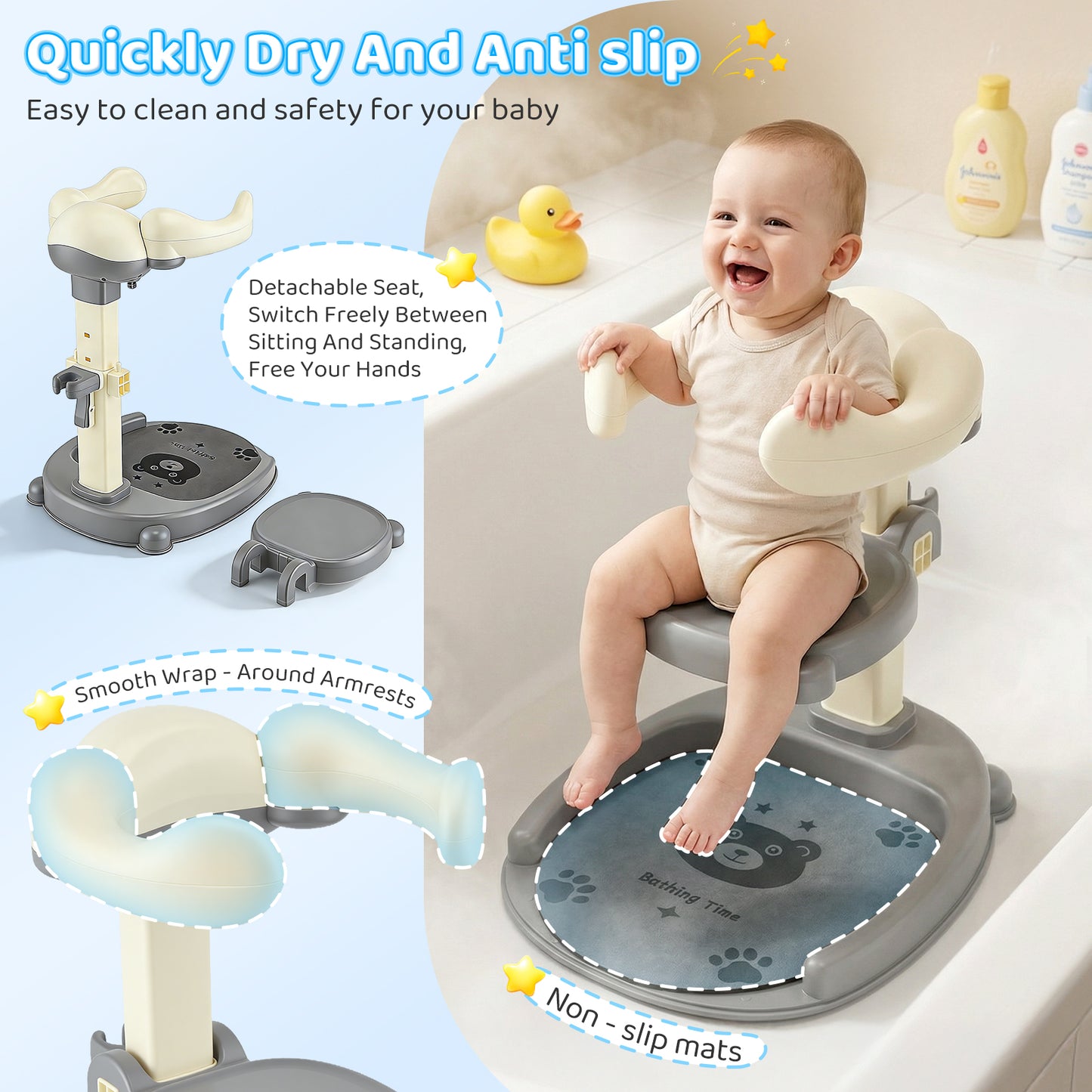Support de Bain Bébé Réglable – Siège Douche Antidérapant Enfant Hauteur Ajustable