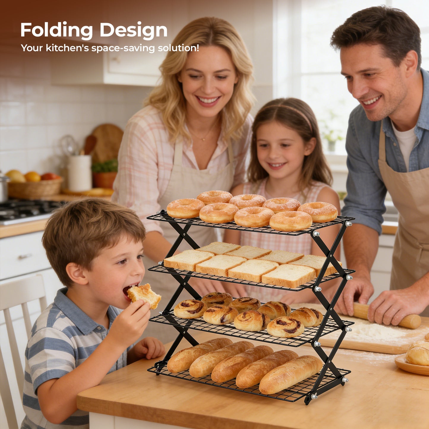 Grille Refroidissement Pâtisserie 4 Niveaux Pliable – Support Gâteaux Pain Cuisine – Présentoir Desserts