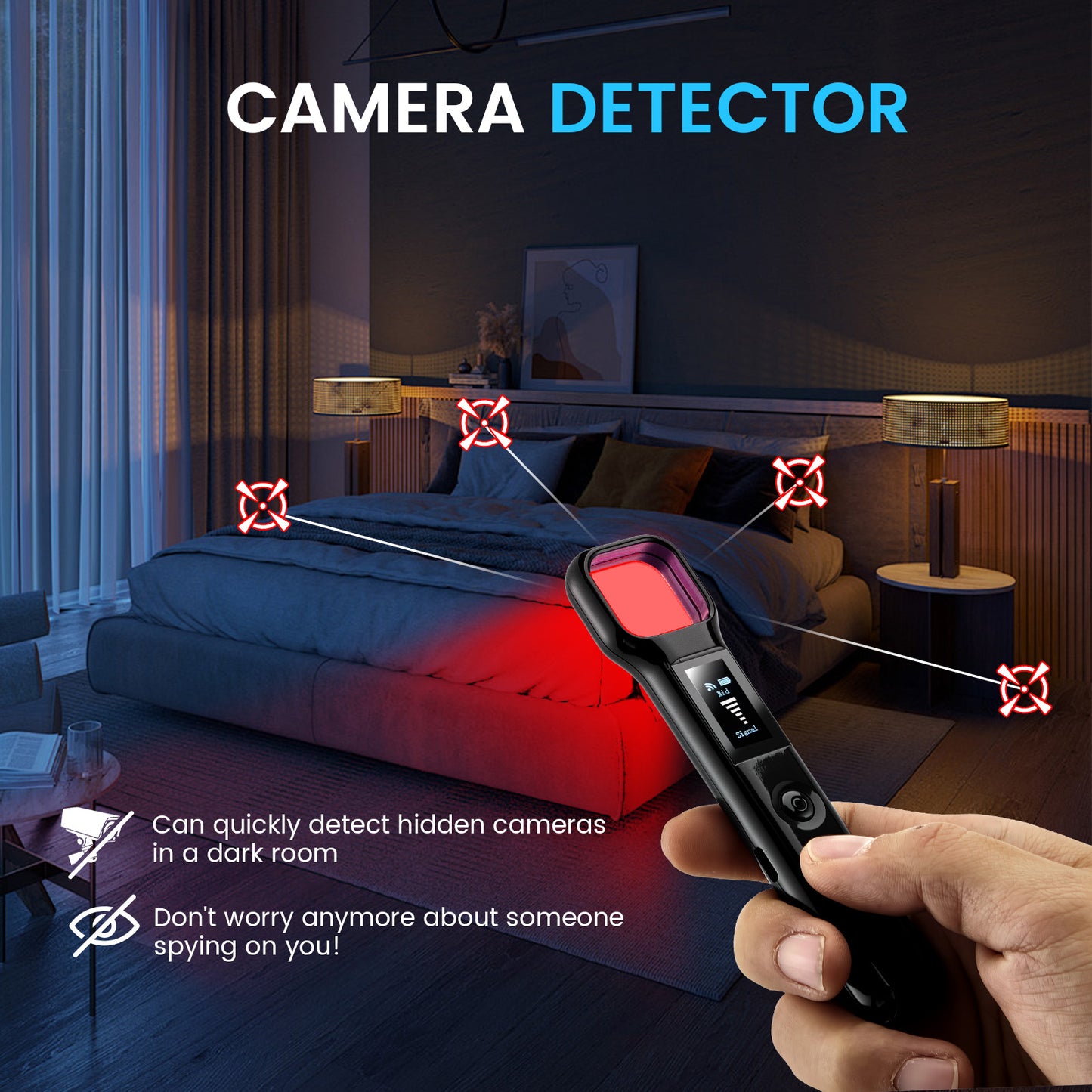 Détecteur Caméra Espion 4-en-1 – Détecteur Infrarouge + Signaux + GPS – Anti Espionnage Portable