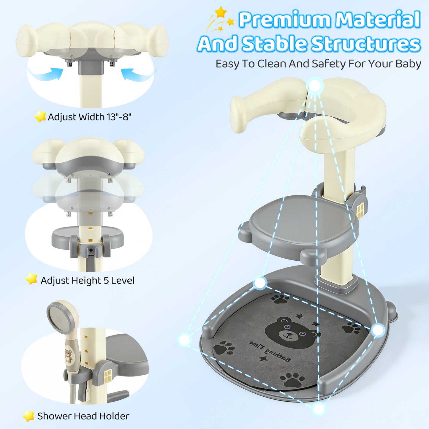 Support de Bain Bébé Réglable – Siège Douche Antidérapant Enfant Hauteur Ajustable