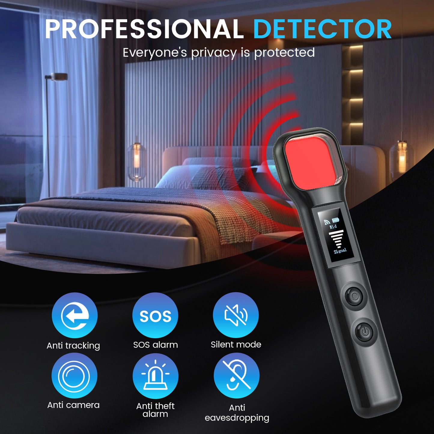 Détecteur Caméra Espion 4-en-1 – Détecteur Infrarouge + Signaux + GPS – Anti Espionnage Portable