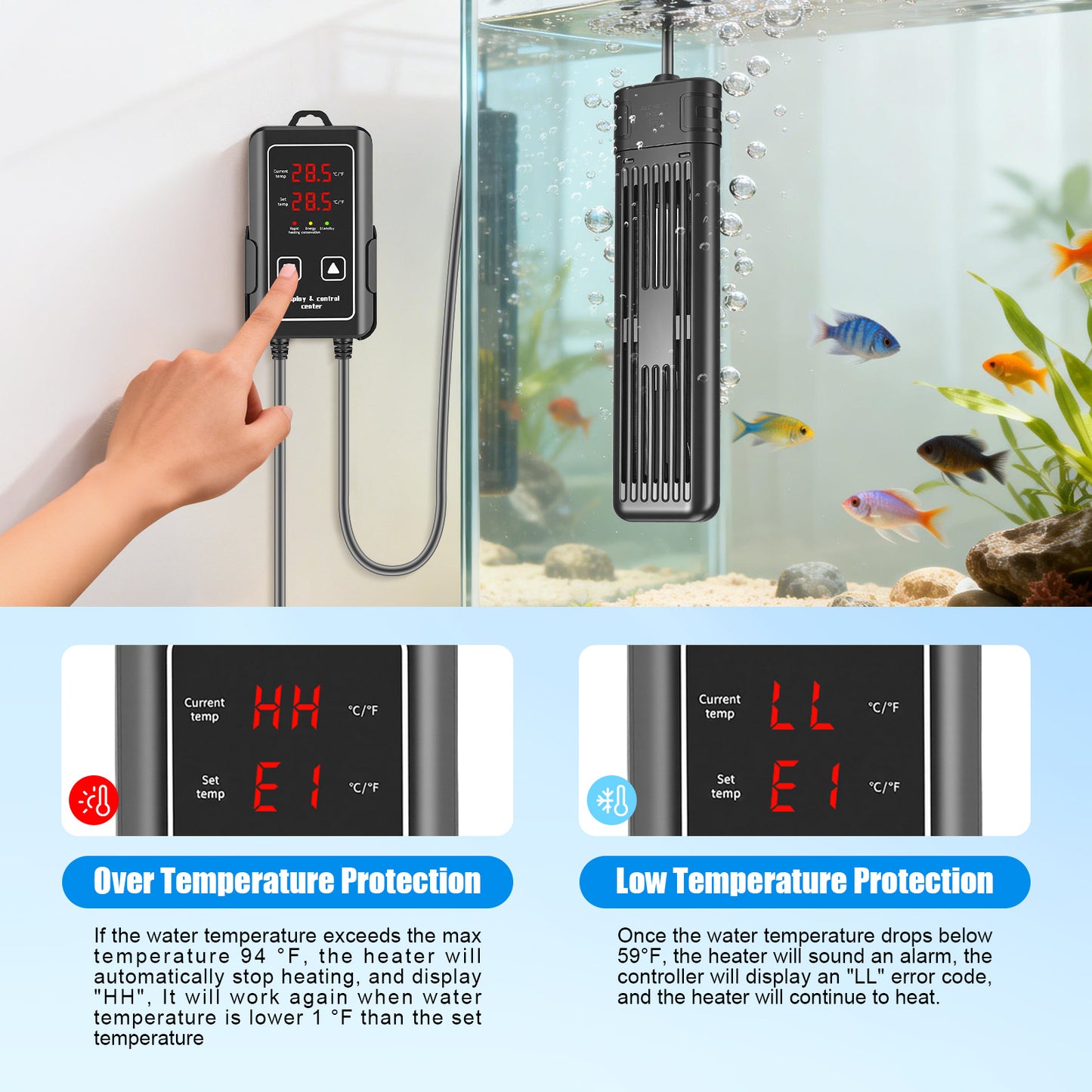 Chauffage Aquarium 300W/600W – Barre Chauffante Submersible LCD Température Réglable – Poissons Tortues