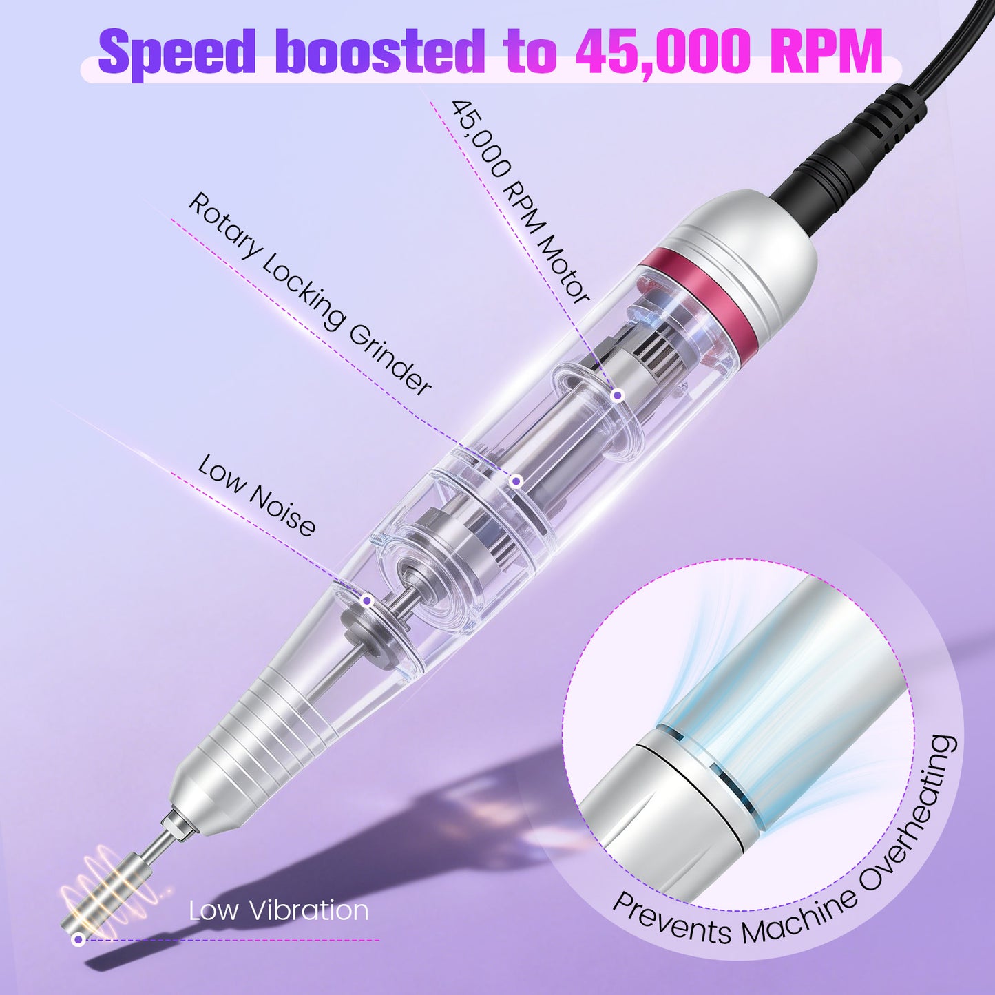 Ponceuse Ongles Électrique 45000 tr/min – Machine Manucure Professionnelle Portable – Kit Nail Drill
