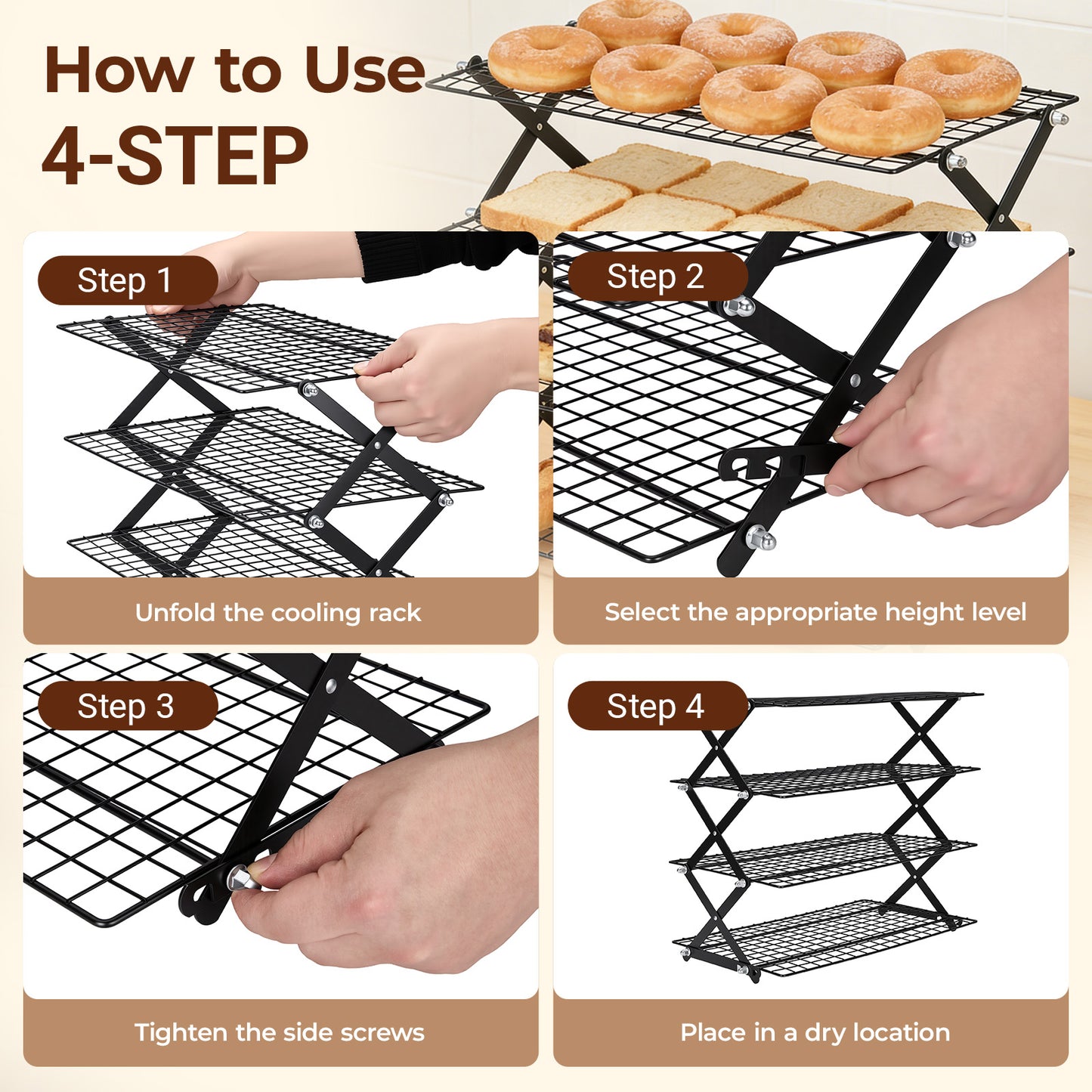 Grille Refroidissement Pâtisserie 4 Niveaux Pliable – Support Gâteaux Pain Cuisine – Présentoir Desserts