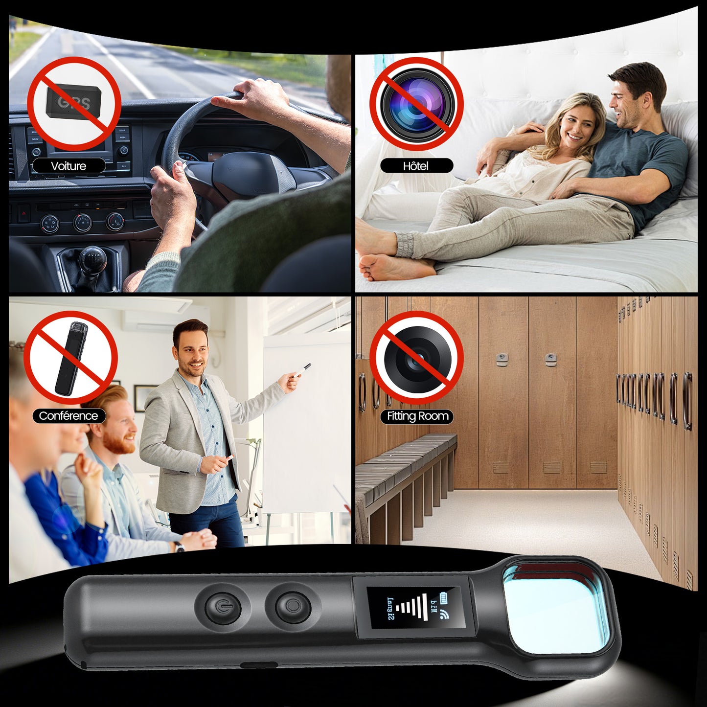 Détecteur Caméra Espion 4-en-1 – Détecteur Infrarouge + Signaux + GPS – Anti Espionnage Portable