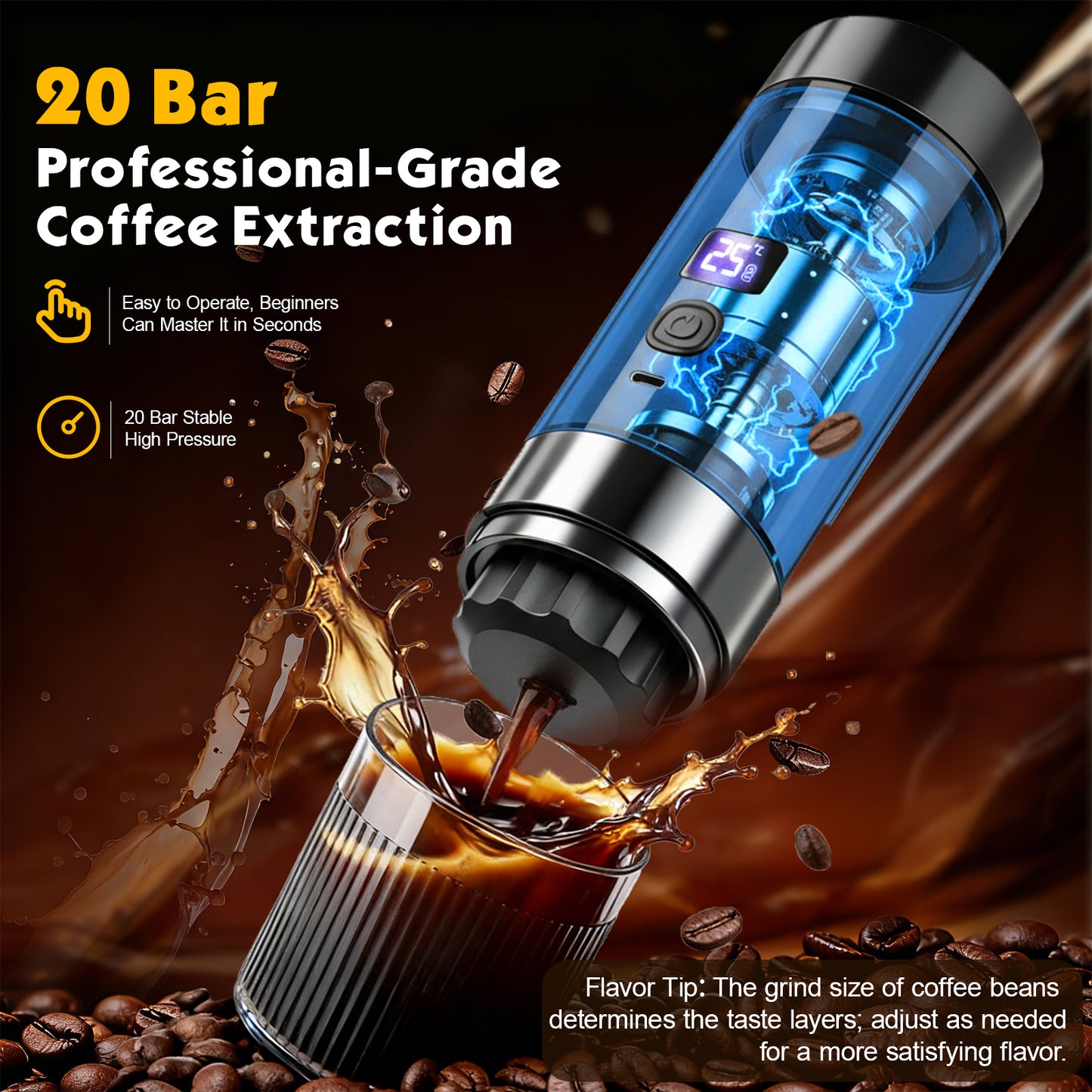 Machine à Café Portable Rechargeable 20 Bars – Sans Fil USB-C – Compatible Capsules & Café Moulu – Expresso Nomade