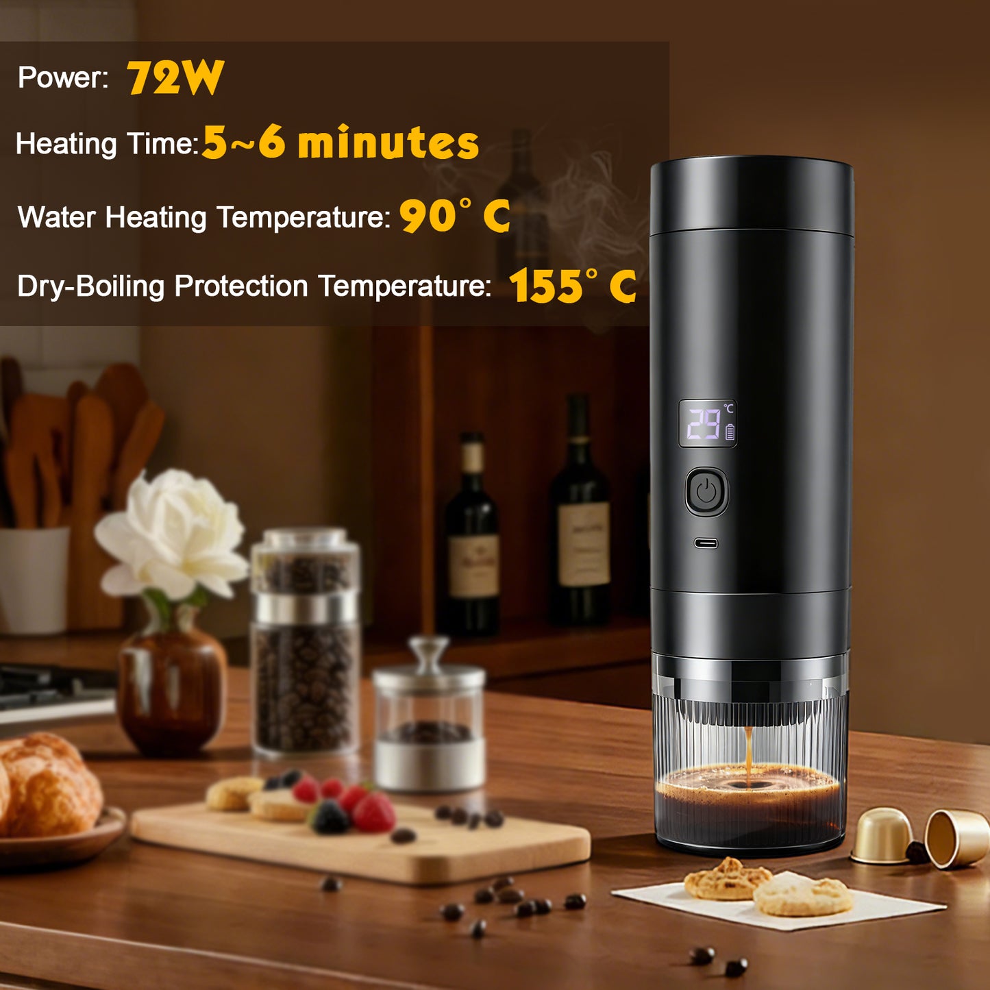 Machine à Café Portable Rechargeable 20 Bars – Sans Fil USB-C – Compatible Capsules & Café Moulu – Expresso Nomade