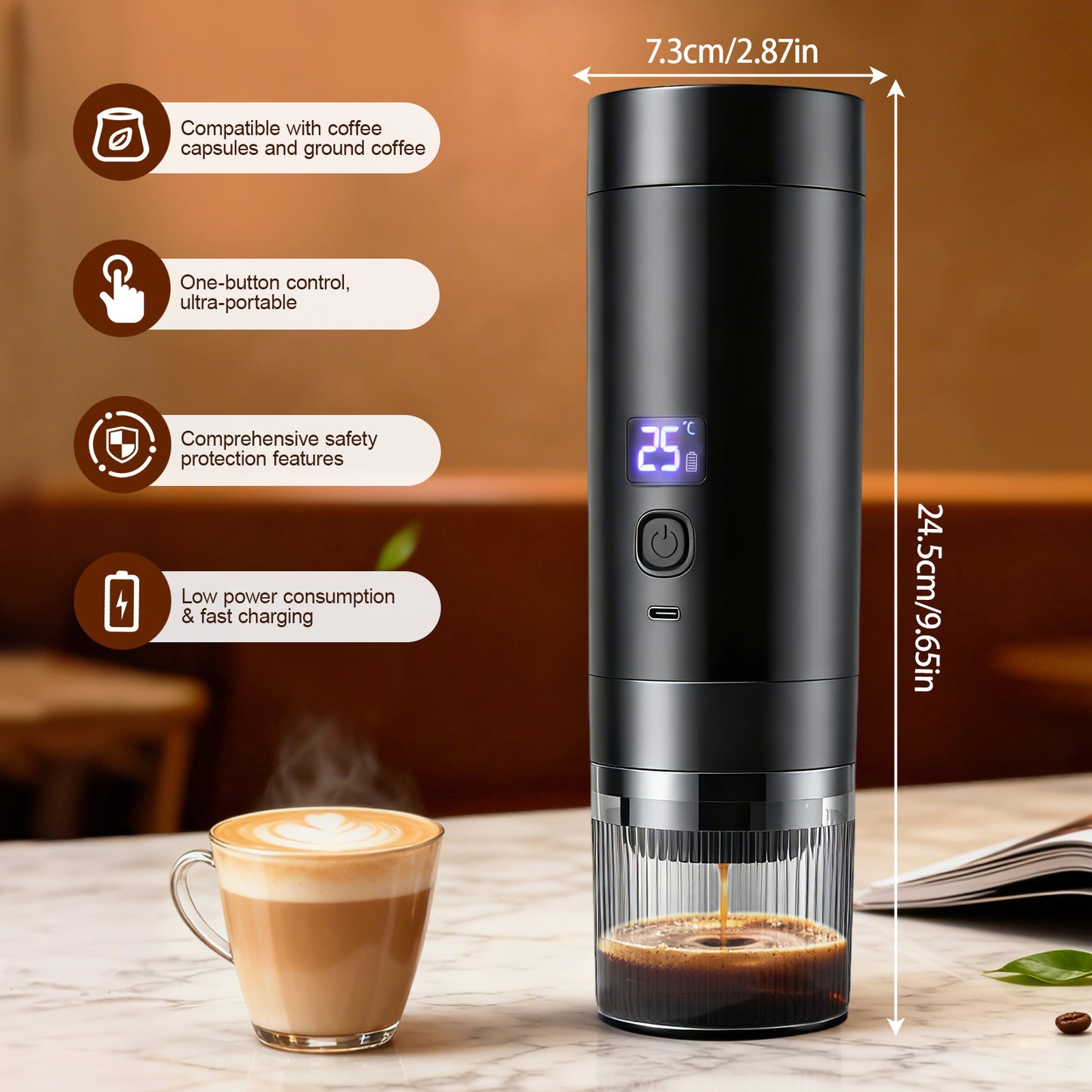 Machine à Café Portable Rechargeable 20 Bars – Sans Fil USB-C – Compatible Capsules & Café Moulu – Expresso Nomade