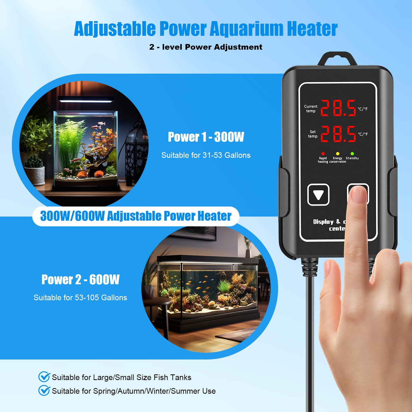 Chauffage Aquarium 300W/600W – Barre Chauffante Submersible LCD Température Réglable – Poissons Tortues