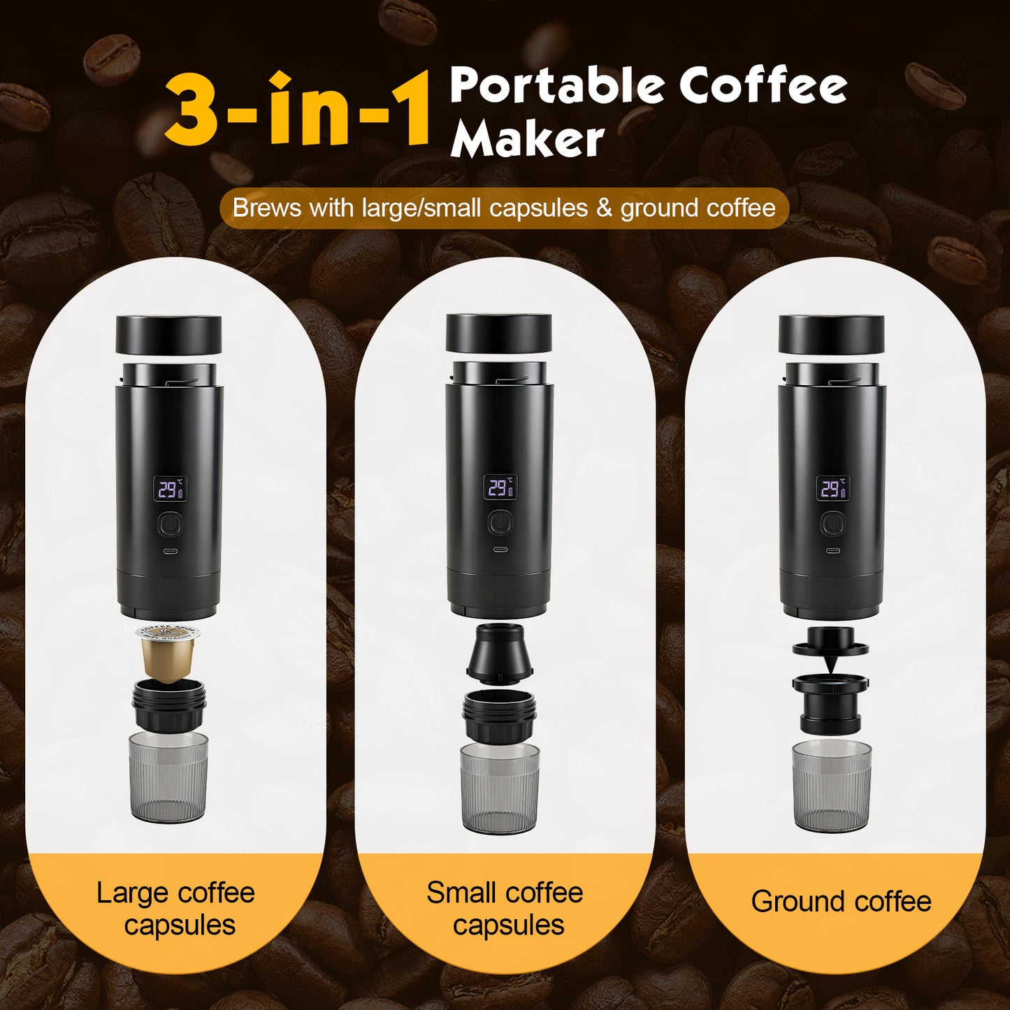 Machine à Café Portable Rechargeable 20 Bars – Sans Fil USB-C – Compatible Capsules & Café Moulu – Expresso Nomade