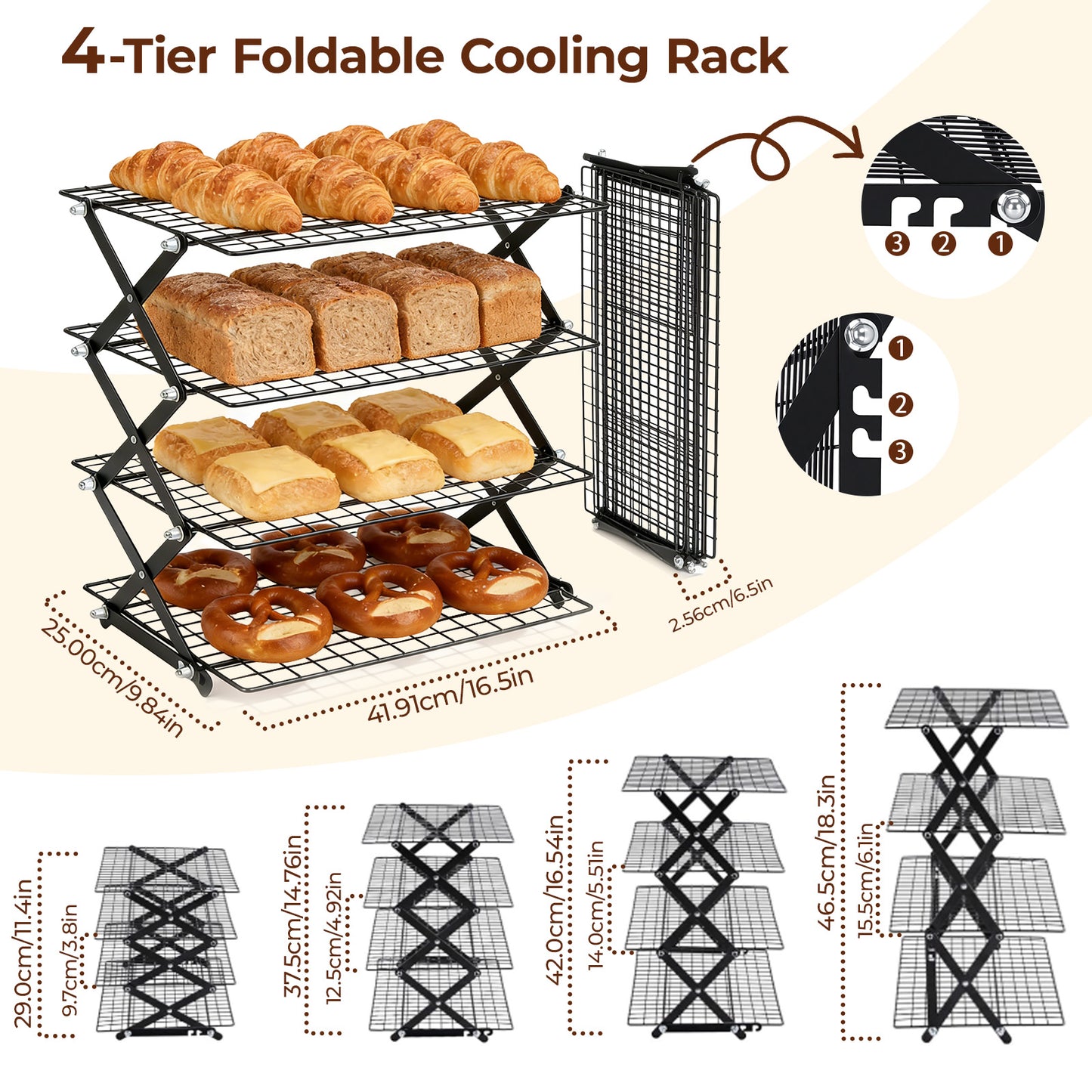 Grille Refroidissement Pâtisserie 4 Niveaux Pliable – Support Gâteaux Pain Cuisine – Présentoir Desserts