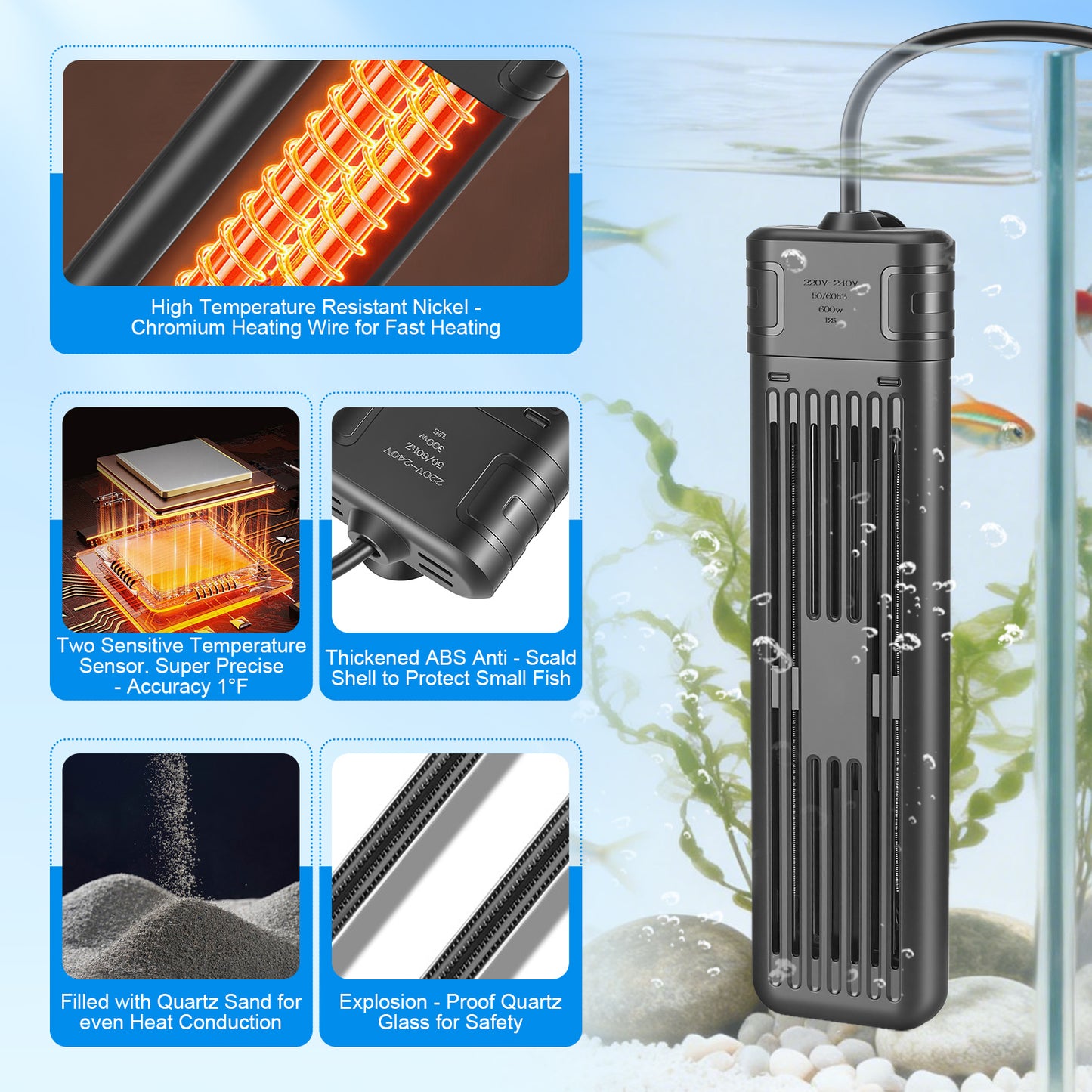 Chauffage Aquarium 300W/600W – Barre Chauffante Submersible LCD Température Réglable – Poissons Tortues