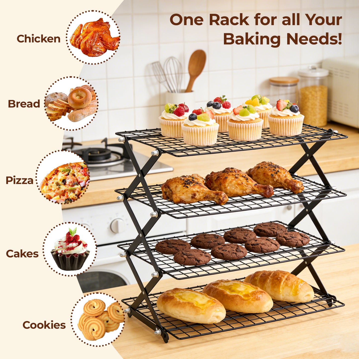Grille Refroidissement Pâtisserie 4 Niveaux Pliable – Support Gâteaux Pain Cuisine – Présentoir Desserts