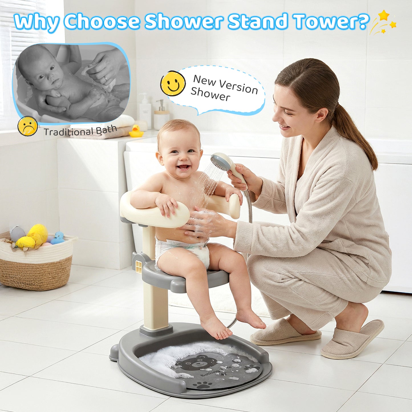 Support de Bain Bébé Réglable – Siège Douche Antidérapant Enfant Hauteur Ajustable